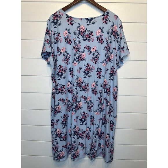 Pink Rose Short Sleeve Dress 2X XXL Blue Floral Stretch Criss Cross Knee Length - Picture 5 of 7